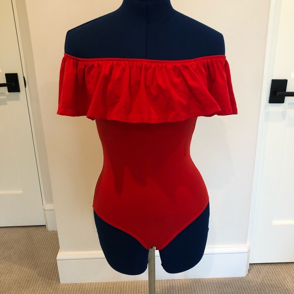 J Crew Off The Shoulder Red Ruffle Bodysuit - Picture 3 of 8